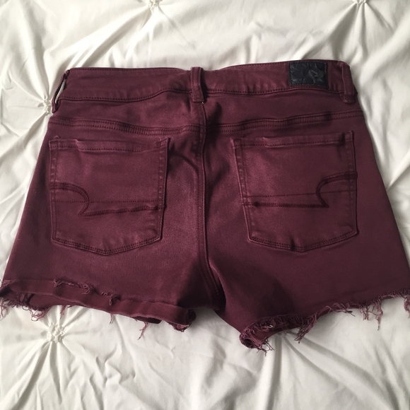 AEO Super Stretch Hi Rise Distressed Maroon Shorts - Picture 2 of 7